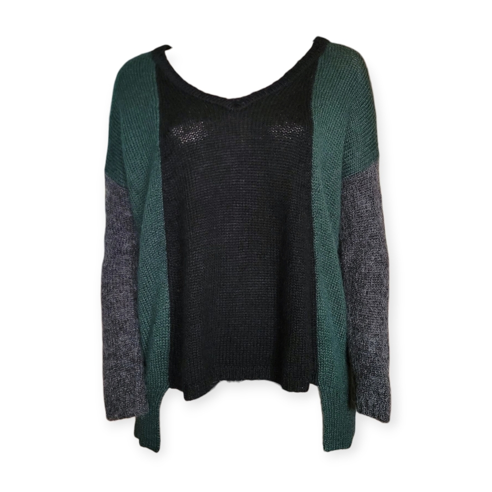 Mango Colorblock Wool Blend Sweater Asymmetrical Hem Gray Green Black Medium